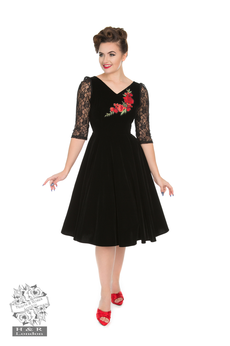 Desirable Black Velvet Flocked Tea Dress